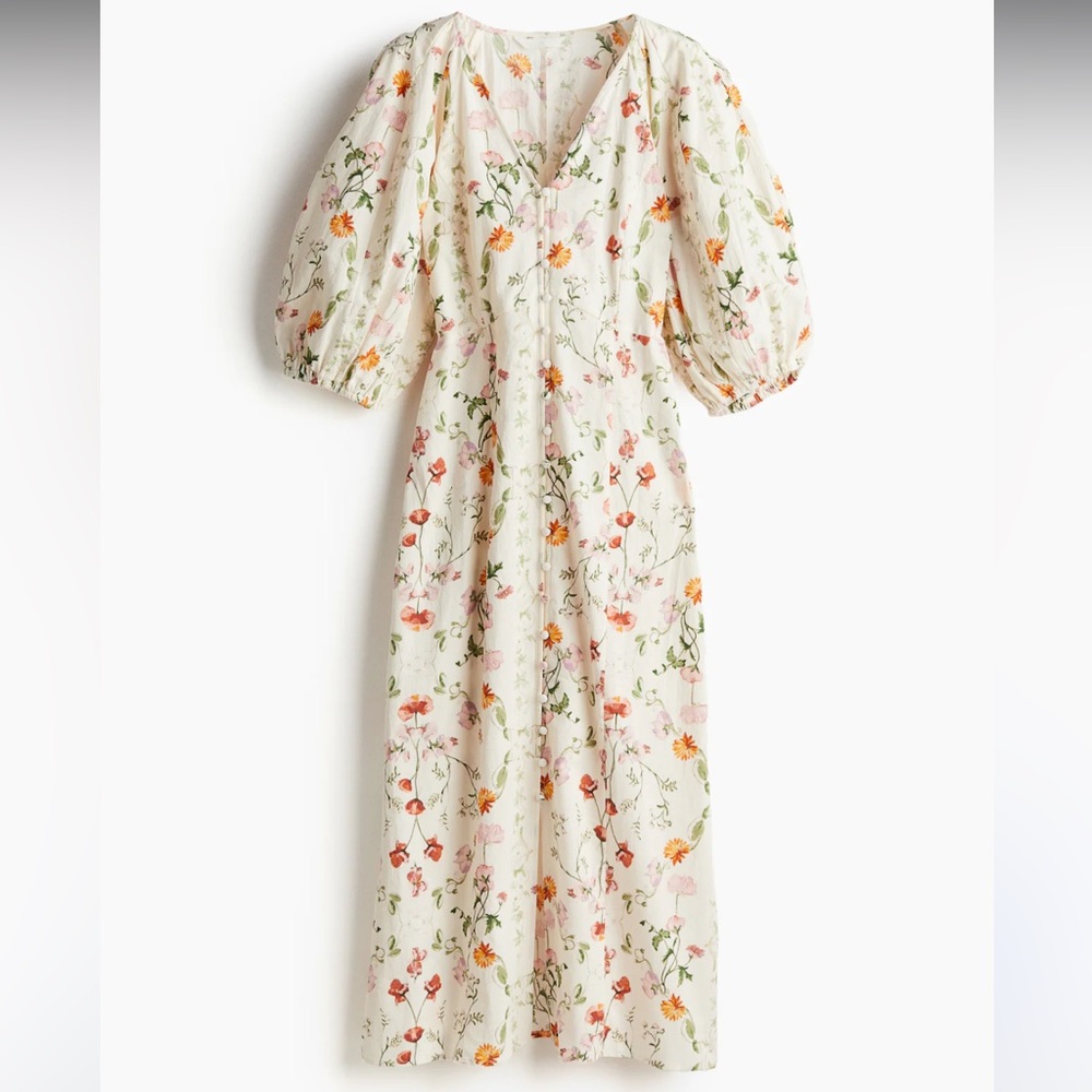 H&M Floral Midi Dress with Puff Sleeves